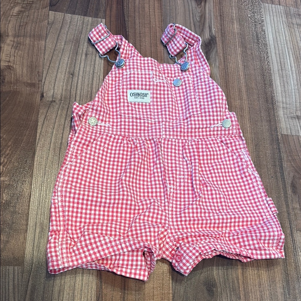 Vintage Oshkosh B’Gosh Girls Pink White Gingham Overalls Romper 6-9 Months